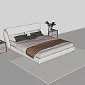 Modern Gray Double Bed with Pillows Brown Blanket Nightstands Lamp and Vase on Rug