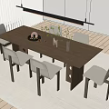 Rectangular Wooden Dining Table Set With Six Light Gray Chairs And Green Plant 3d model