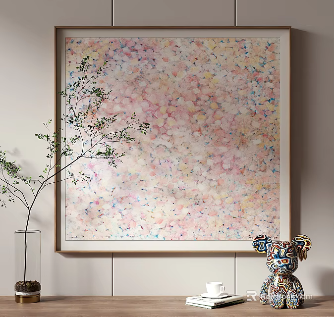 Abstract Painting Artwork With Colorful Pink Yellow Blue Patterns And Decorative Green Plant Accents 3d model 