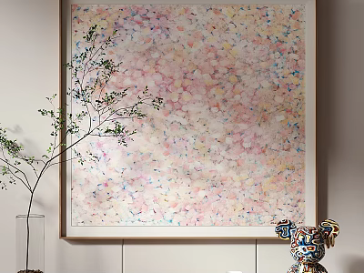 Abstract Painting Artwork With Colorful Pink Yellow Blue Patterns And Decorative Green Plant Accents 3d model