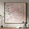 Abstract Painting Artwork With Colorful Pink Yellow Blue Patterns And Decorative Green Plant Accents