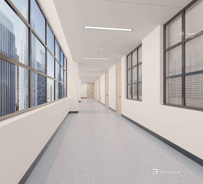 Spacious Modern Elevator Hallway with Large Windows White Walls Light Colored Flooring and Ceiling Lights 3d model