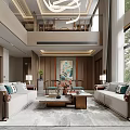Modern Spacious Duplex Living Room Interior With Chandelier And Sofas And Coffee Tables 3d model
