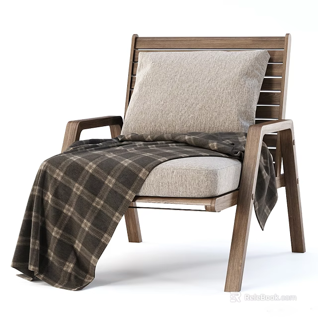 Cozy Wooden Frame Armchair With Light Gray Cushion And Dark Plaid Blanket 3d model 