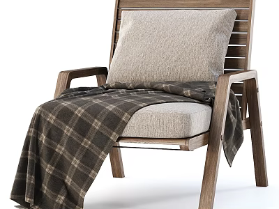 Cozy Wooden Frame Armchair With Light Gray Cushion And Dark Plaid Blanket 3d model