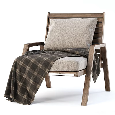 Cozy Wooden Frame Armchair With Light Gray Cushion And Dark Plaid Blanket 3d model