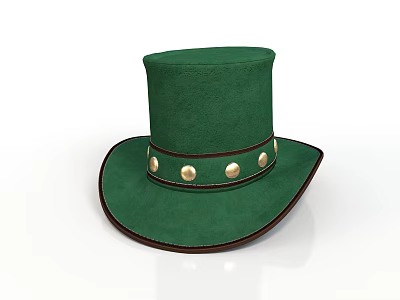 Stylish Green Tall Hat With Brown Brim And Golden Studs For Daily Use 3d model