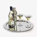 Martini Bianco Bottle Cocktail Shaker and Martini Glasses with Olives on Silver Tray Gray Background