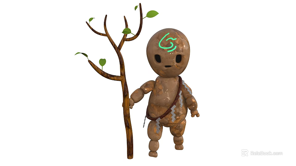 Earthy Clay Character With Glowing Green Symbol Holding Tree Branch Leaves And Simple Belt 3d model 
