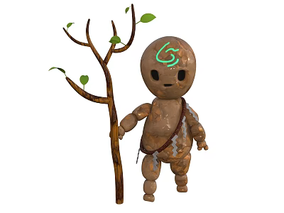 Earthy Clay Character With Glowing Green Symbol Holding Tree Branch Leaves And Simple Belt 3d model