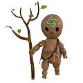 Earthy Clay Character With Glowing Green Symbol Holding Tree Branch Leaves And Simple Belt