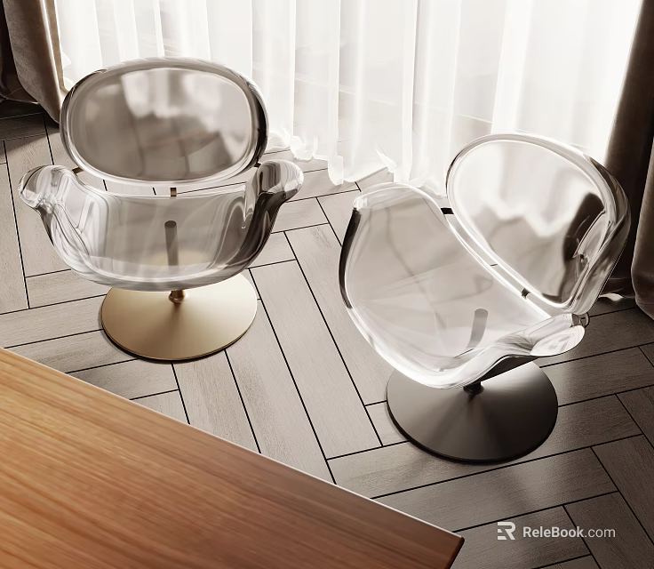 Transparent Accent Chairs with Gold and Black Bases on Wooden Floor with Curtains 3d model 