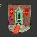 Decorative Commercial Equipment Display with Brick Wall Red Banners Wooden Chair and Candle Holders