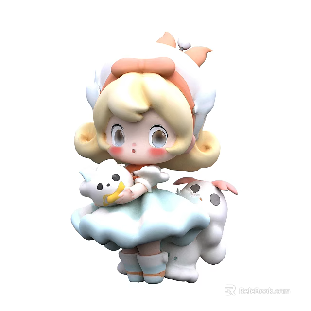 Cartoon Girl With Blonde Curly Hair Cat Ear Hat Holding Small Doll And White Animal 3d model 