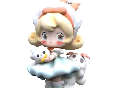 Cartoon Girl With Blonde Curly Hair Cat Ear Hat Holding Small Doll And White Animal 3d model
