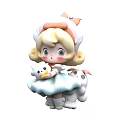 Cartoon Girl With Blonde Curly Hair Cat Ear Hat Holding Small Doll And White Animal