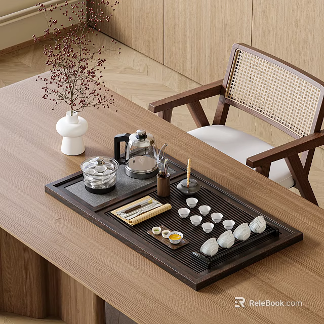 Elegant Tea Set On Wooden Table With Black Tea Tray White Vase And Woven Chair Plants 3d model 