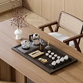Elegant Tea Set On Wooden Table With Black Tea Tray White Vase And Woven Chair Plants