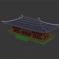 Cartoon Scene of Traditional Chinese Building with Blue Roof Red Columns and Curved Eaves
