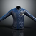 Blue Leather Jacket With Zipper Closure Chest Patch And Long Sleeves