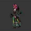 Fantasy Woman With Pink Hair Red Horns Red Wings In Green White Outfit Holding Weapon