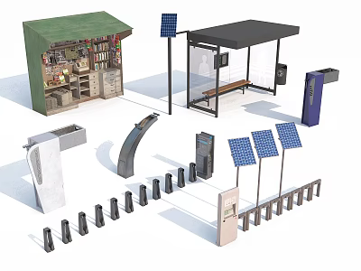 Public Facilities Including Bus Shelter Solar Panels Kiosk Bollards And Vending Machine 3d model