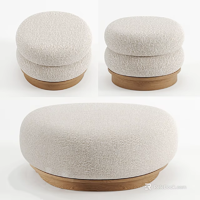 Round Beige Fabric Ottoman with Wooden Base for Living Room Seating 3d model 