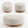 Round Beige Fabric Ottoman with Wooden Base for Living Room Seating