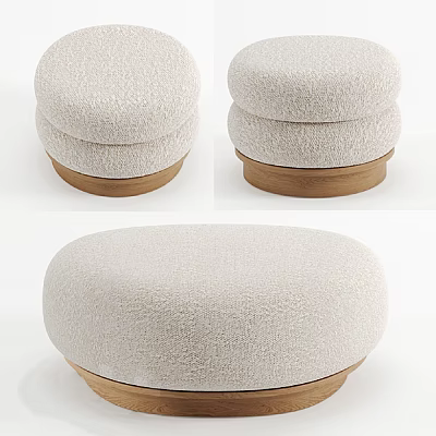 Round Beige Fabric Ottoman with Wooden Base for Living Room Seating 3d model