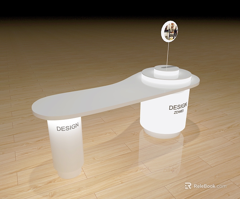 Modern White Display Counter With Circular Top Supporting Pillars And Design Theme On Wooden Floor 3d model 