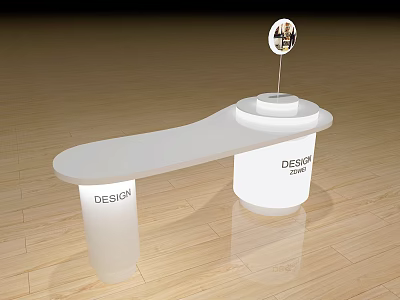 Modern White Display Counter With Circular Top Supporting Pillars And Design Theme On Wooden Floor 3d model