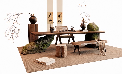 Quiet Ancient Style Tea Table and Chair Stone Tea Table Bench Casual Chair Vase Ornaments Hanging Painting Carpet 3d model