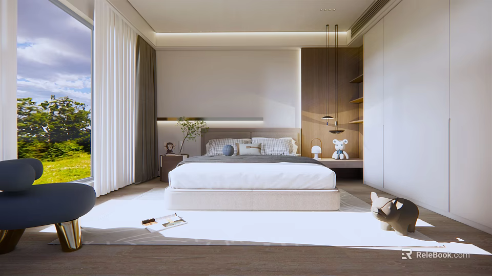 Modern Bedroom Interior With Bedside Tables Large Window Natural Light And Wooden Decor 3d model 