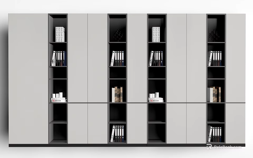 Modern Open Shelf Bookcase With Black Gray Design And Organized Books Decor Items 3d model 