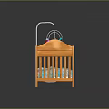 Children's Orange Wooden Baby Crib with Colorful Mobile and Patterned Mattress