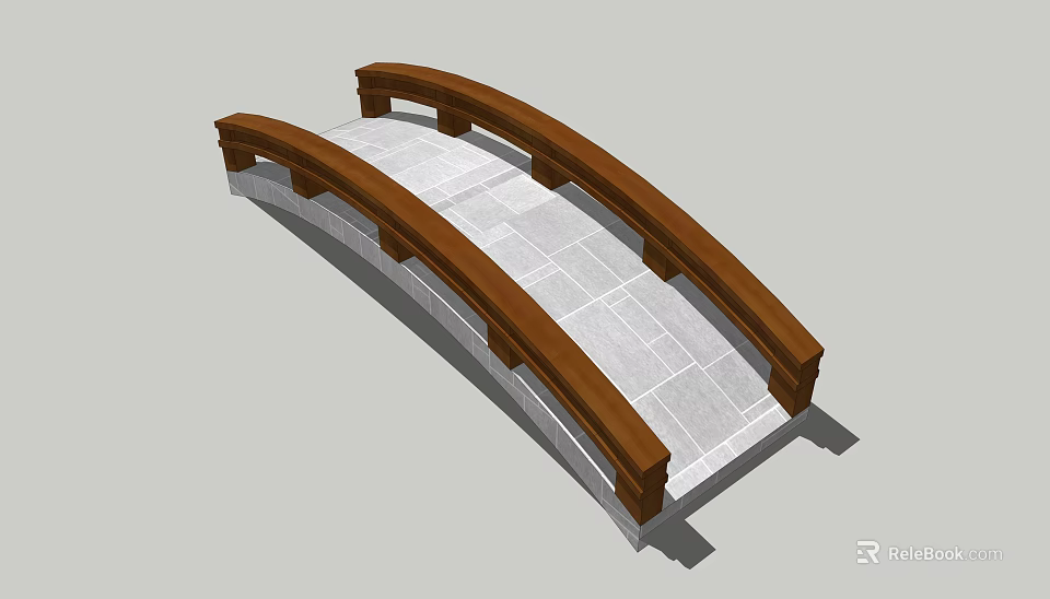 Traditional Arch Landscape Bridge With Wooden Railings And Stone Slab Deck 3d model 