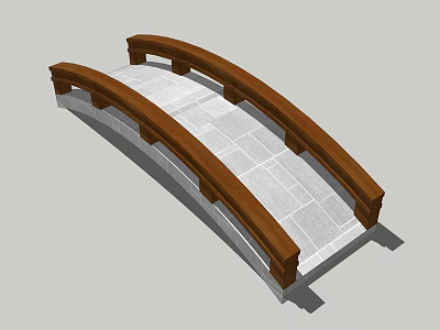 Traditional Arch Landscape Bridge With Wooden Railings And Stone Slab Deck 3d model