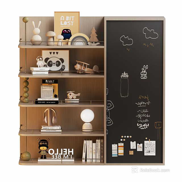 Decorative Wooden Bookshelf With Toys Books And Chalkboard Hand Drawn Art 3d model 