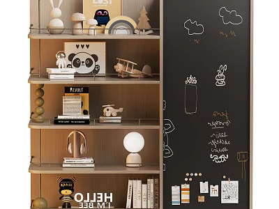 Decorative Wooden Bookshelf With Toys Books And Chalkboard Hand Drawn Art 3d model