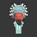 Traditional Peking Opera Character With Red Face Black Beard Blue Costume And White Pom Poms Headgear