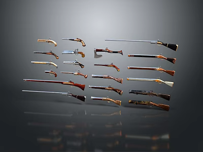 Various Firearms Collection With Different Types Neatly Arranged On 3d model