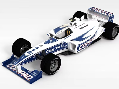 White And Blue Race Car With Castrol COMPAQ Logos Large Wheels Streamlined Design 3d model