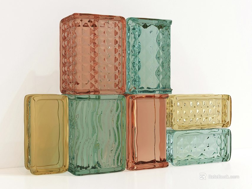 Colorful Glass Block Wall Design With Red Green Yellow Brown Textured Patterns 3d model 