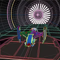 Blue And Black Spaceship Parked In Dark Space Station Tunnel With Large Circular Structure