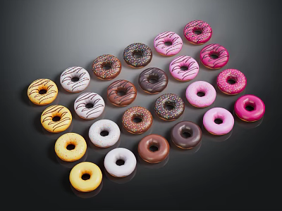 Colorful Assorted Donuts With Different Frostings And Glazes Displayed On Dark Background 3d model