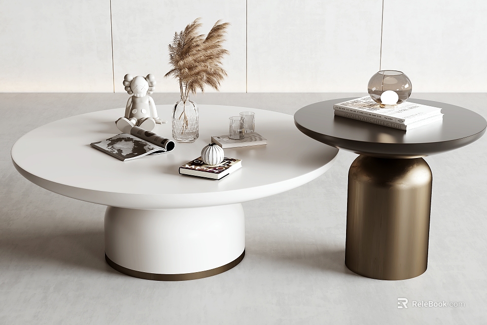 Round White and Black Coffee Tables with Gold Base Featuring Dried Grass Books Glass Ball 3d model 