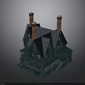 Dark Green Gabled Roof House with Three Chimneys Wooden Porch and Multiple Windows