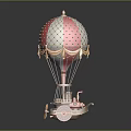 Vintage Red And White Hot Air Balloon Model With Decorative Netting And Basket On Wheels