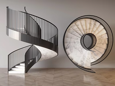 Elegant Spiral Staircase Design With Marble Steps And Black Metal Railing In Modern Interior 3d model