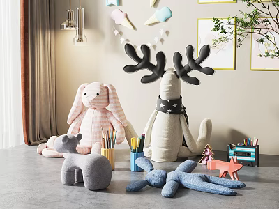 Plush Stuffed Toys Including Rabbit Reindeer And Deer With Colorful Decor In Kids Space 3d model